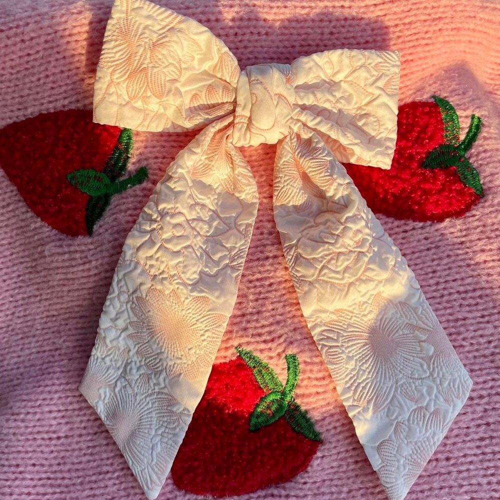 White and pink floral ribbon bow hair clip